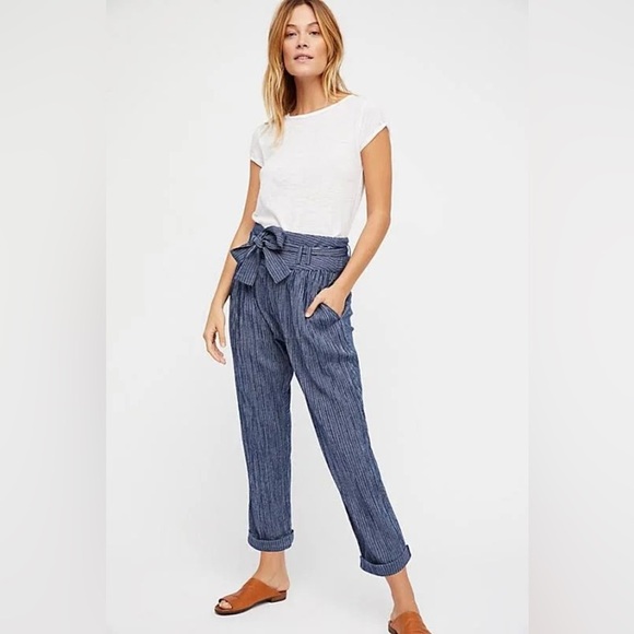 Free People Womens 2 Rumors Have It Harem Pants Tapered Striped Blue High Rise - Picture 1 of 3